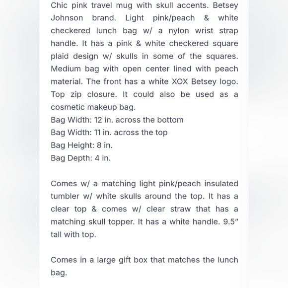 Betsey Johnson Peach White Checkered Skull Lunch Bag & Tumbler Set NWT - Picture 7 of 7